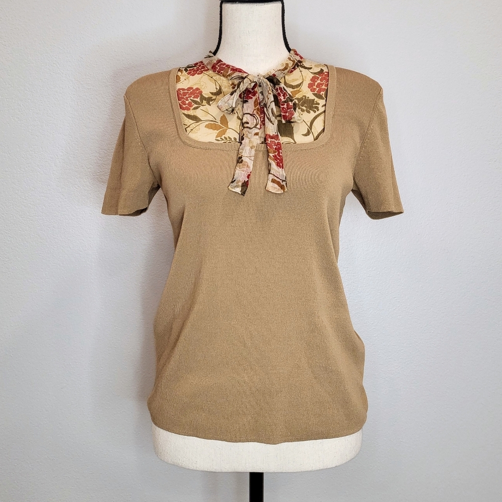 Modern Images Tan Botanical Neck-Tie Blouse